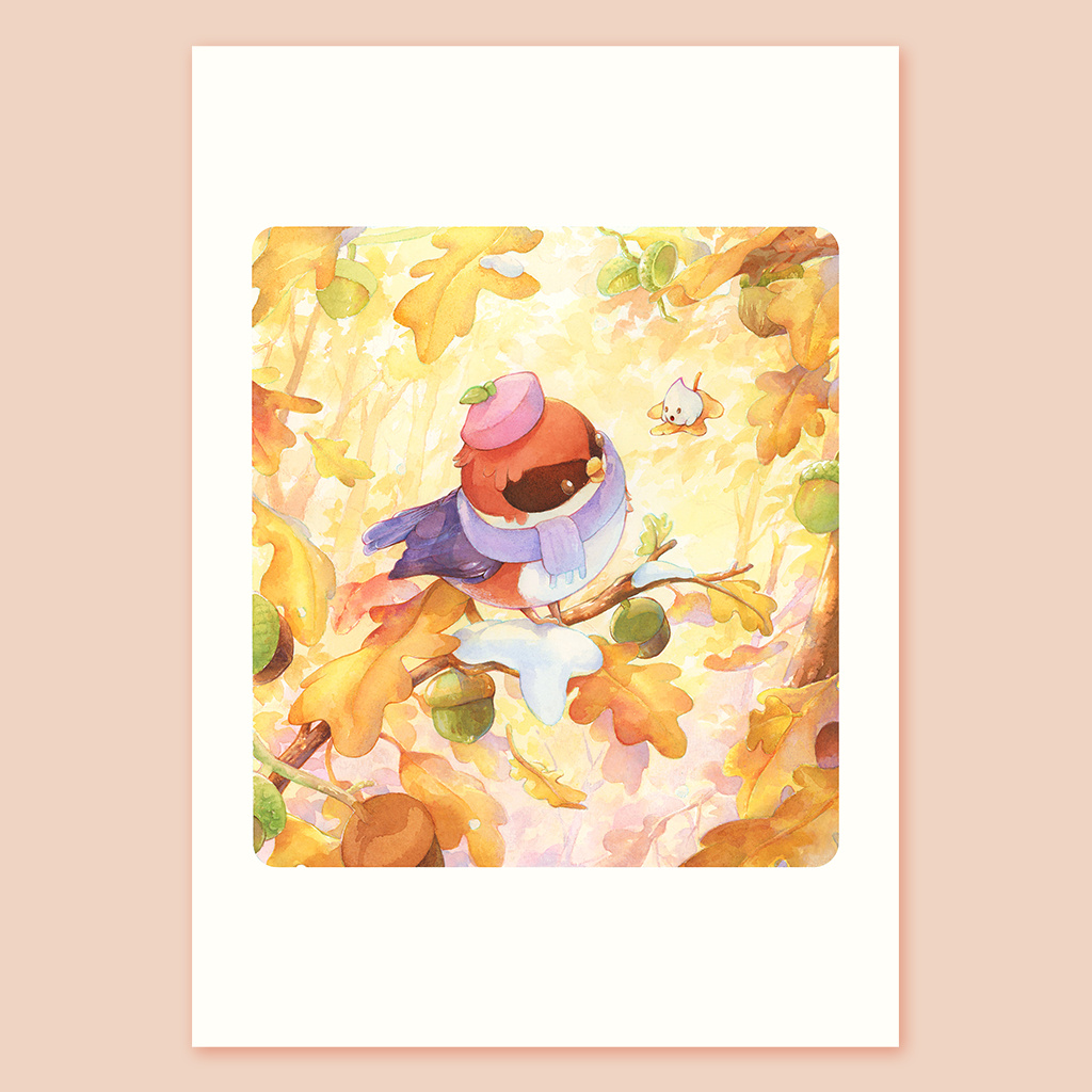 Autumn Bird displayed in A4 format. A small Robin sits on a branch, surrounded by autumn colored leaves with a small patch of snow. Watercolor painting print