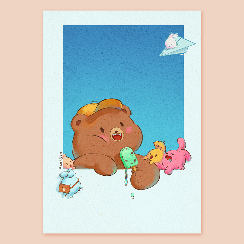 A bear eating mint green ice-cream with chocolate chips looks up to the sky while our character 'Bibi' flies through the picture on a paper plane. Multiple bunnies are surround our bear and might try to steal some of the ice-cream. Displayed is a digital painting print in A5 format