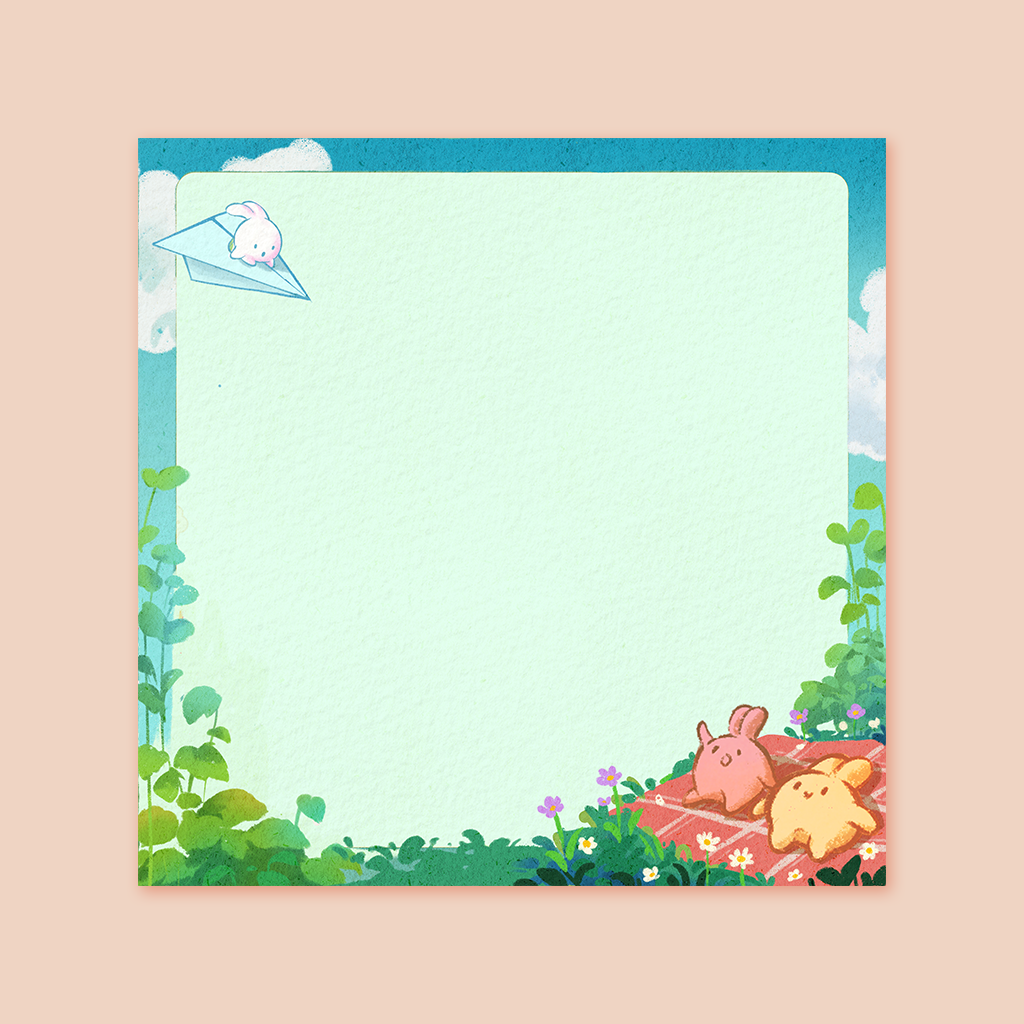 A 50 page non stick notepad featuring 2 bunnies having a picnic while our bunny character 'bibi' soars through the sky.