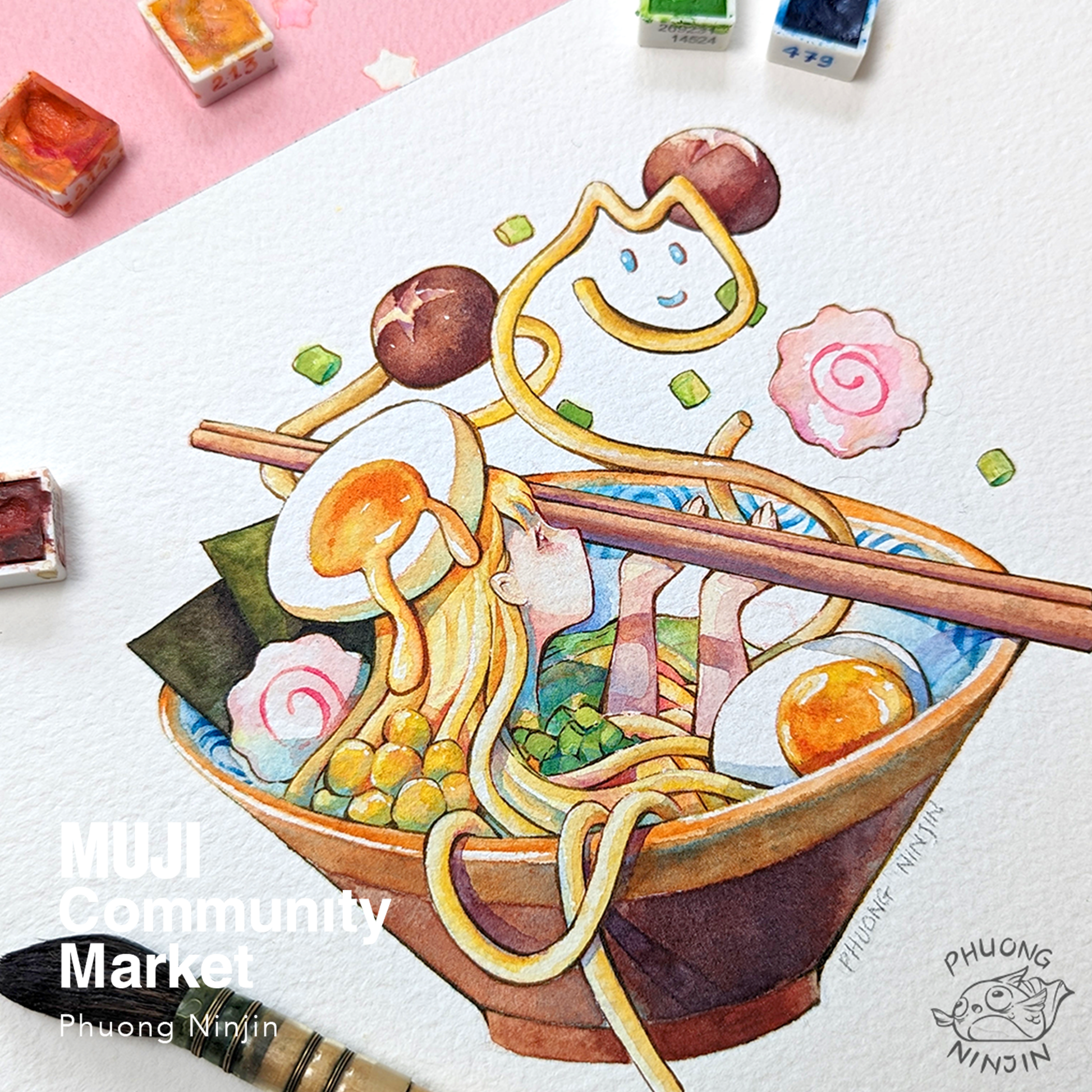 Water color painting print of a ramen bowl, With a girl part of the dish, asif she's bathing. Hidden in the noodles we also find a cat.  Displayed here in a 30x30cm format surrounded by water color art supplies and paint brush.