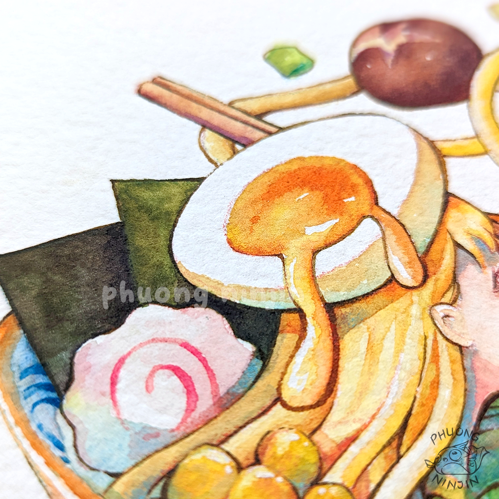 Water color painting print of a ramen bowl, With a girl part of the dish, asif she's bathing. Hidden in the noodles we also find a cat.  Displayed here in a 30x30cm close up of the egg on top of the girls head.