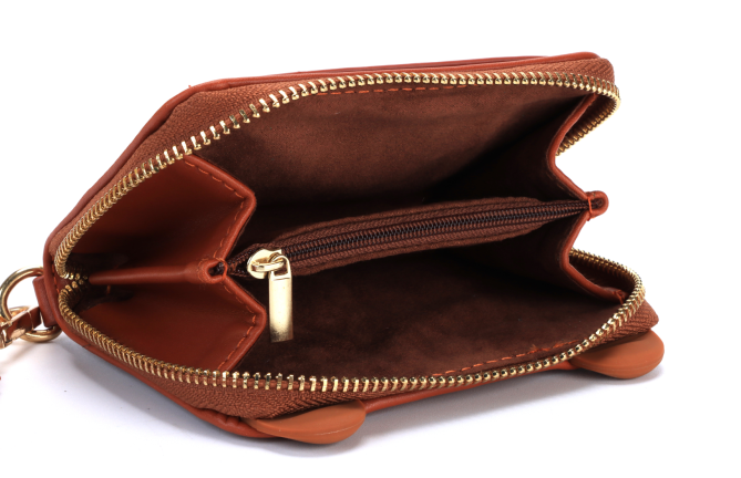 Bear shape wallet or purse. Made from vegan PU leather. Cute bear ears in silicone and face. We're shown the inside of the wallet with the card slots, and coin compartment