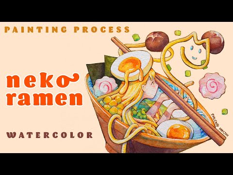 Water color painting print of a ramen bowl, With a girl part of the dish, asif she's bathing. Hidden in the noodles we also find a cat.  Displayed here is the video of the creation of this art work, in an art vlog style video,