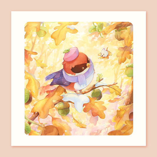 Autumn Bird displayed at 30 x 30 cm. A small Robin sits on a branch, surrounded by autumn colored leaves with a small patch of snow. Watercolor painting print