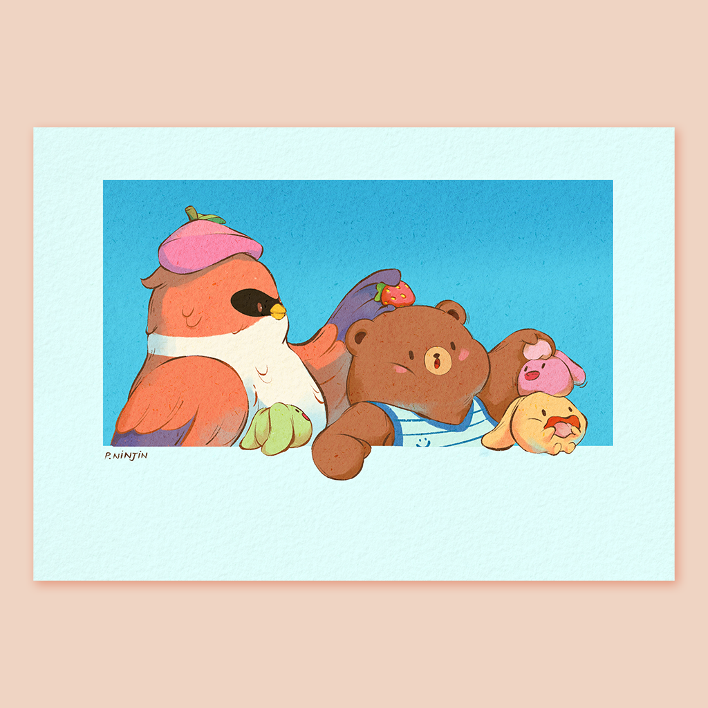 A large robin places a strawberry on a bear his head. While the bear places a peach on top of a double stacked bunnies. Digital Painting Print in A5 format