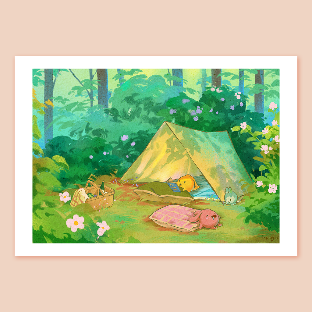 Various bunnies are relaxing in their tent after having a picnic. Hidden in the forest 3 bunnies are enjoying the nature. The digital painting print is being displayed in A5 format