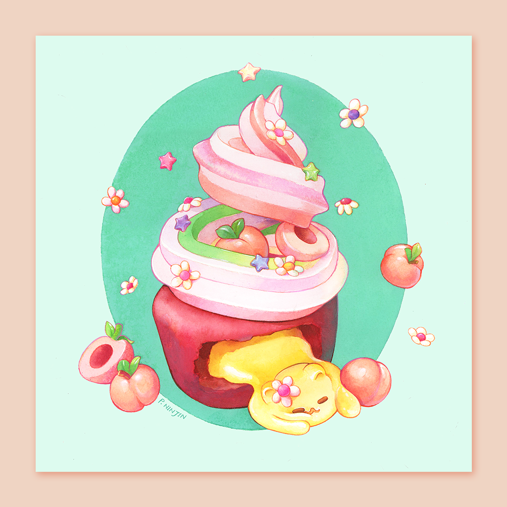 Watercolor painting print of a cupcake with pastel colors. A cat droops out from the base of the cupcake. Displayed here in 15x15cm