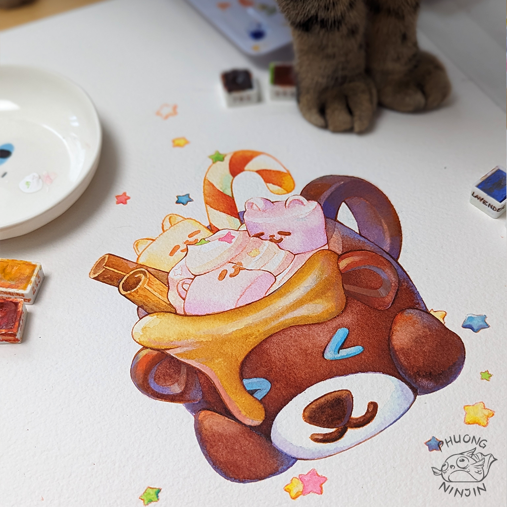 Water color painting print of a bear shaped cup or mug with cat eared marshmallows drifting on the surface. Displayed in 15x15cm format surrounded by water color and some cat paws