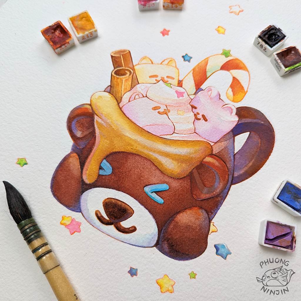 Water color painting print of a bear shaped cup or mug with cat eared marshmallows drifting on the surface. Displayed in 15x15cm format surrounded by water color and paint brush