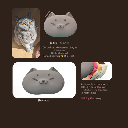Product packaging with a cat illustration and text on a dark background