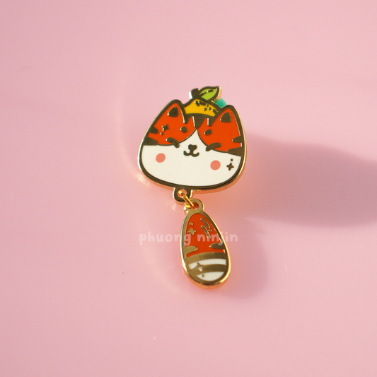Yuzu cat with small lemon enamel pin with golden edges