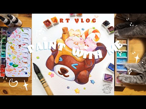 Water color painting print of a bear shaped cup or mug with cat eared marshmallows drifting on the surface. This video goes over the painting process in an art style vlog format